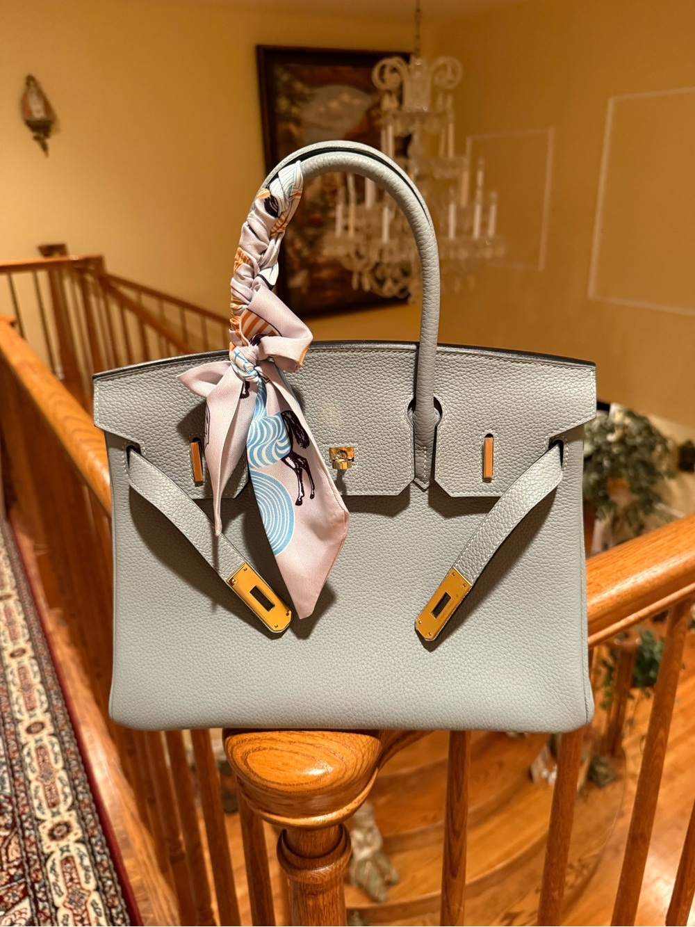 Luxury Women's Top-Handle Togo leather Bag in Light Blue with Removable Scarf - Picture 3 of 9